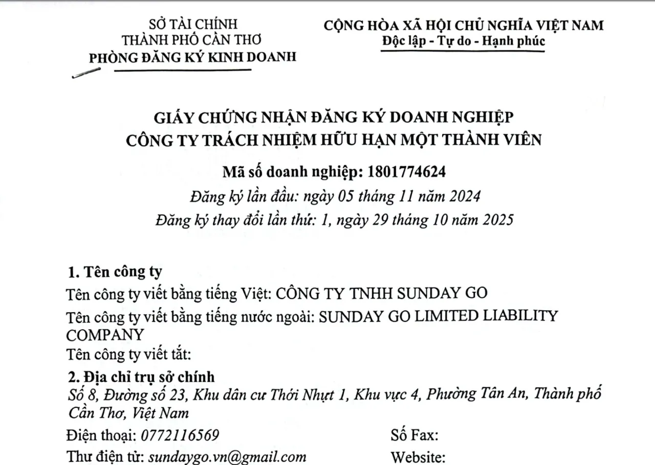 Giấy phép kinh doanh của Du lịch Sunday Go