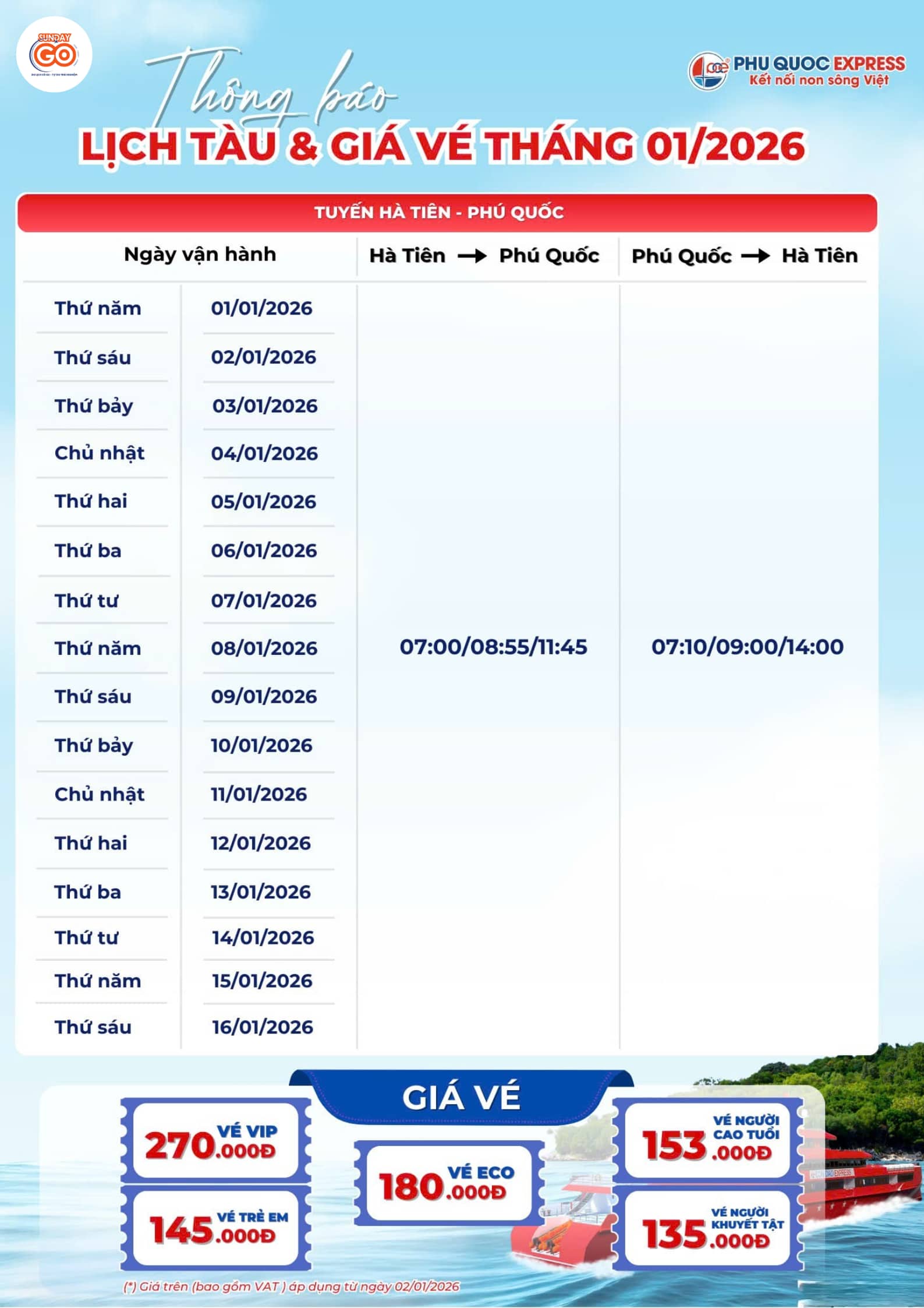 Lịch tàu Hà Tiên - Phú Quốc tháng 01.2026