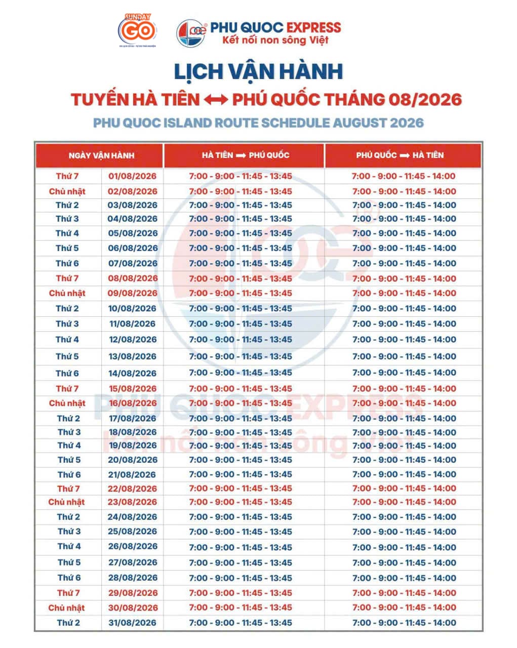 Lịch tàu Hà Tiên Phú Quốc tháng 8 - Phú Quốc Express