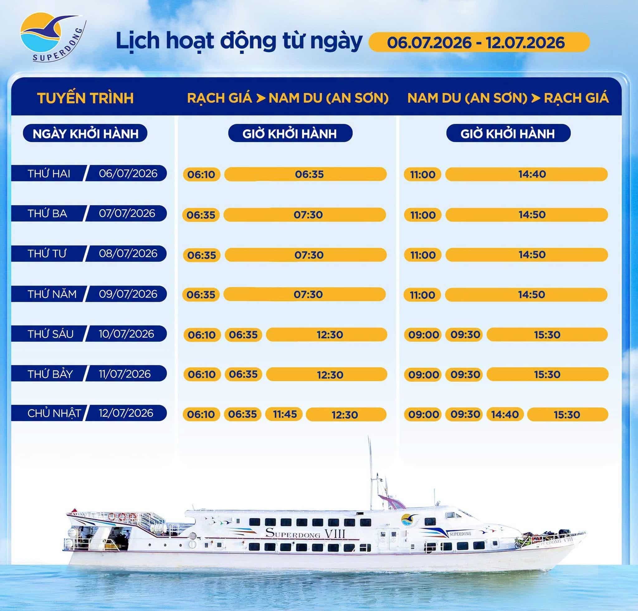 Lịch tàu Rạch Giá - Nam Du tháng 07 - Hãng Superdong