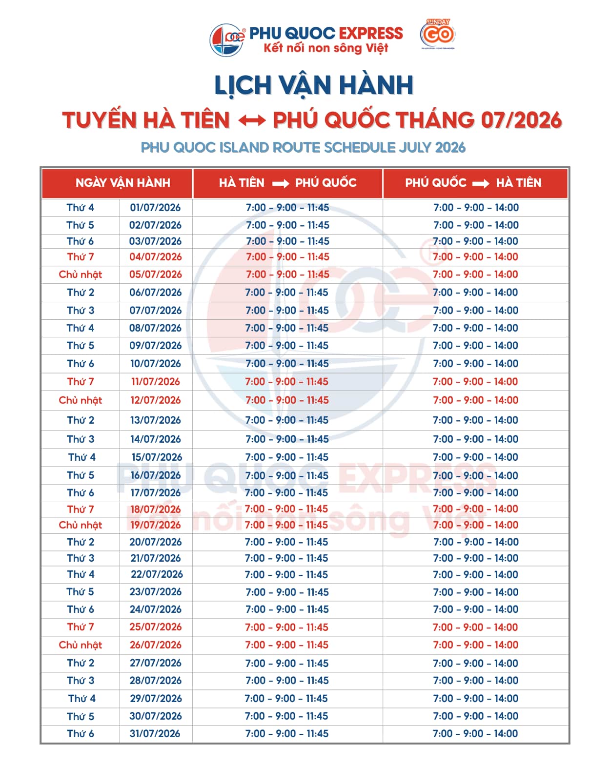 Đặt vé tàu Hà Tiên Phú Quốc | Tàu cao tốc Phú Quốc Express 4 Lịch tàu tháng 07 Hà Tiên - Phú Quốc
