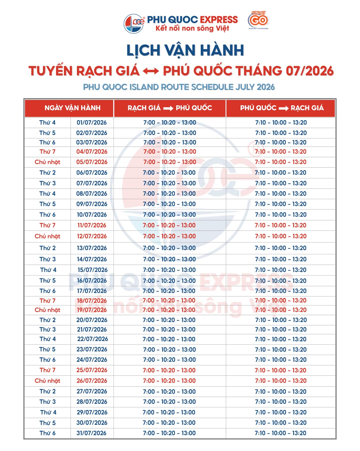 Lịch tàu tháng 07 Rạch Giá - Phú Quốc 