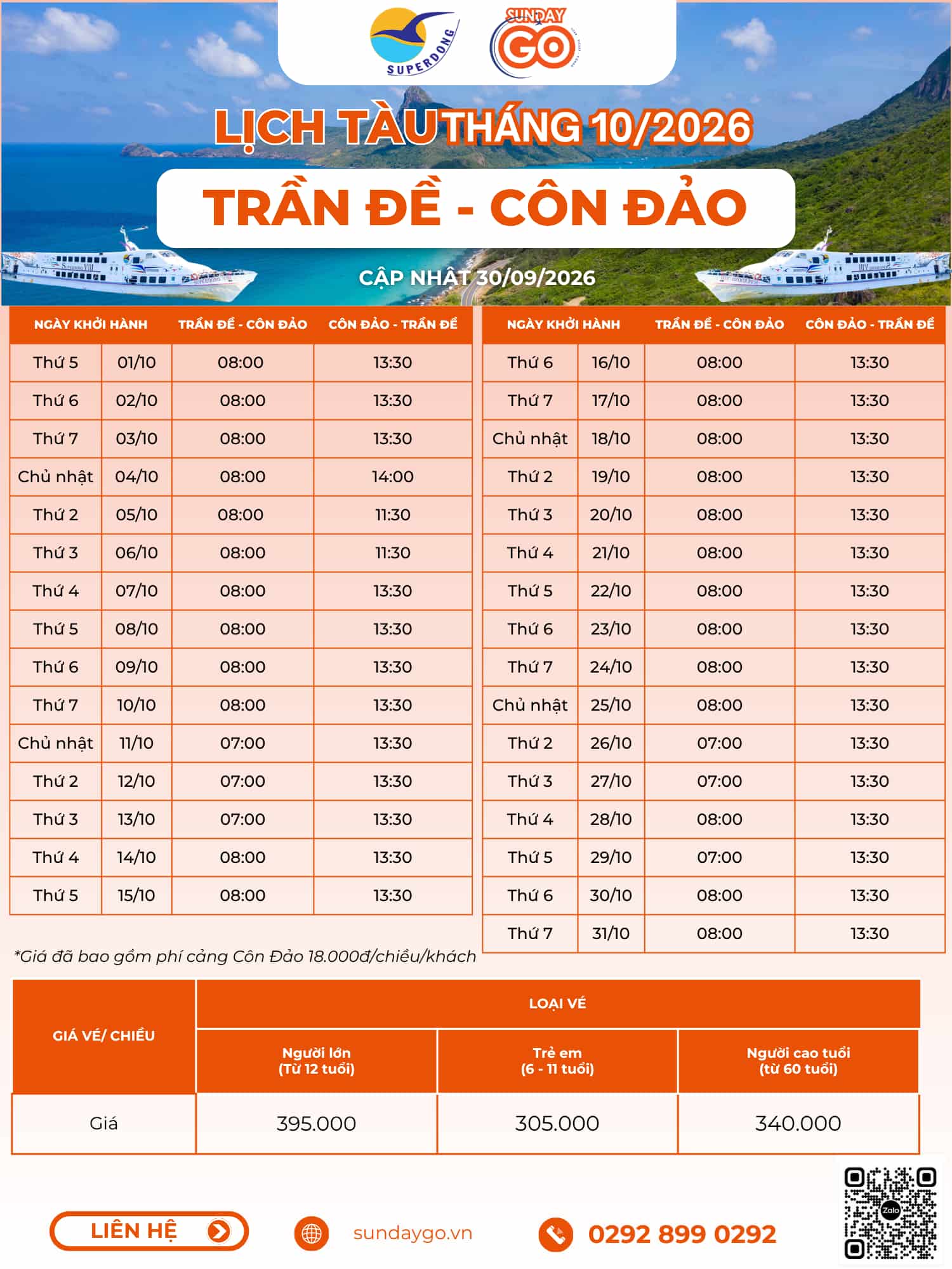 Lịch tàu Trần Đề - Côn Đảo tháng 10