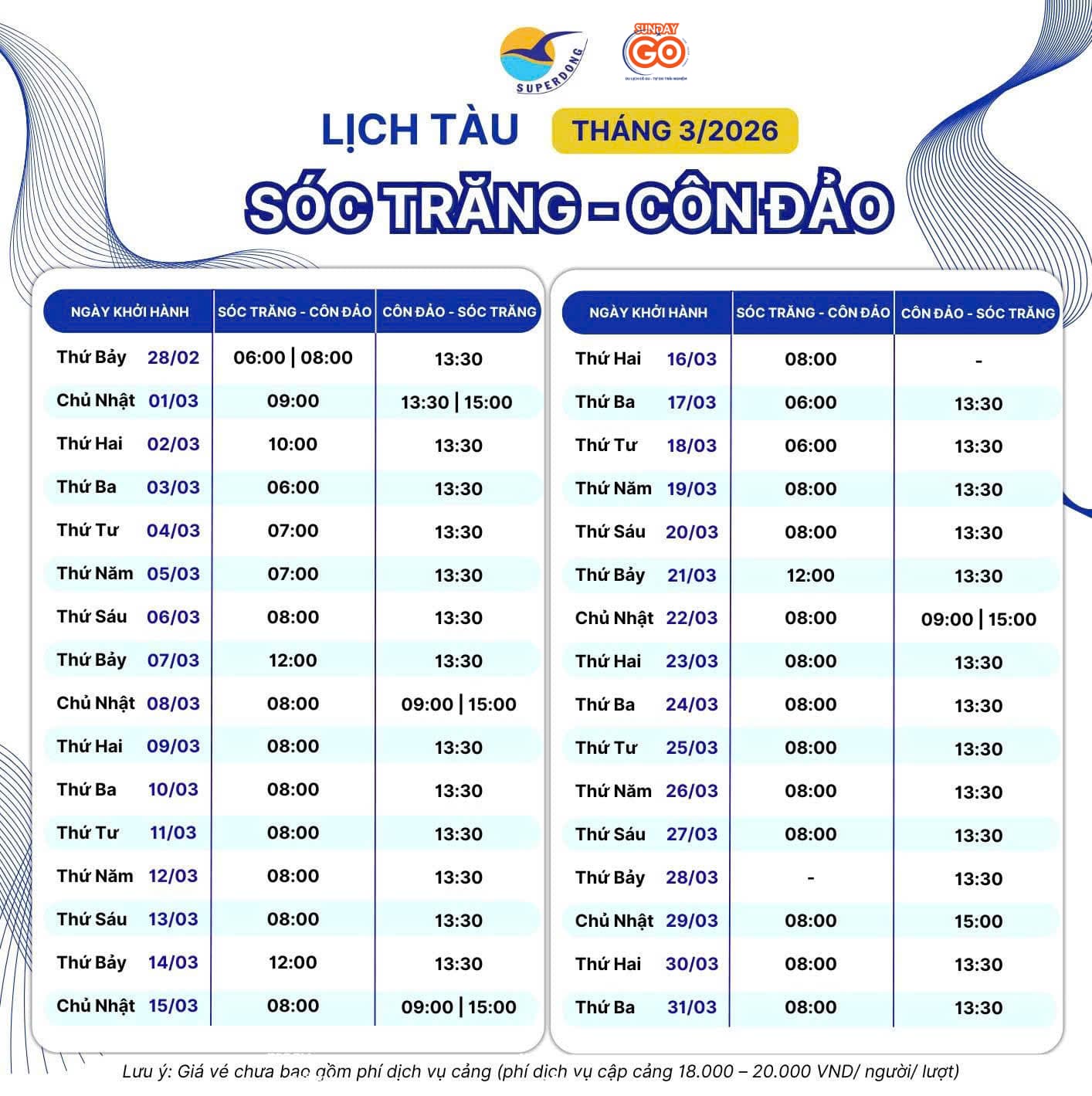Lịch tàu tháng 3.2026 tuyến Sóc Trăng - Côn Đảo