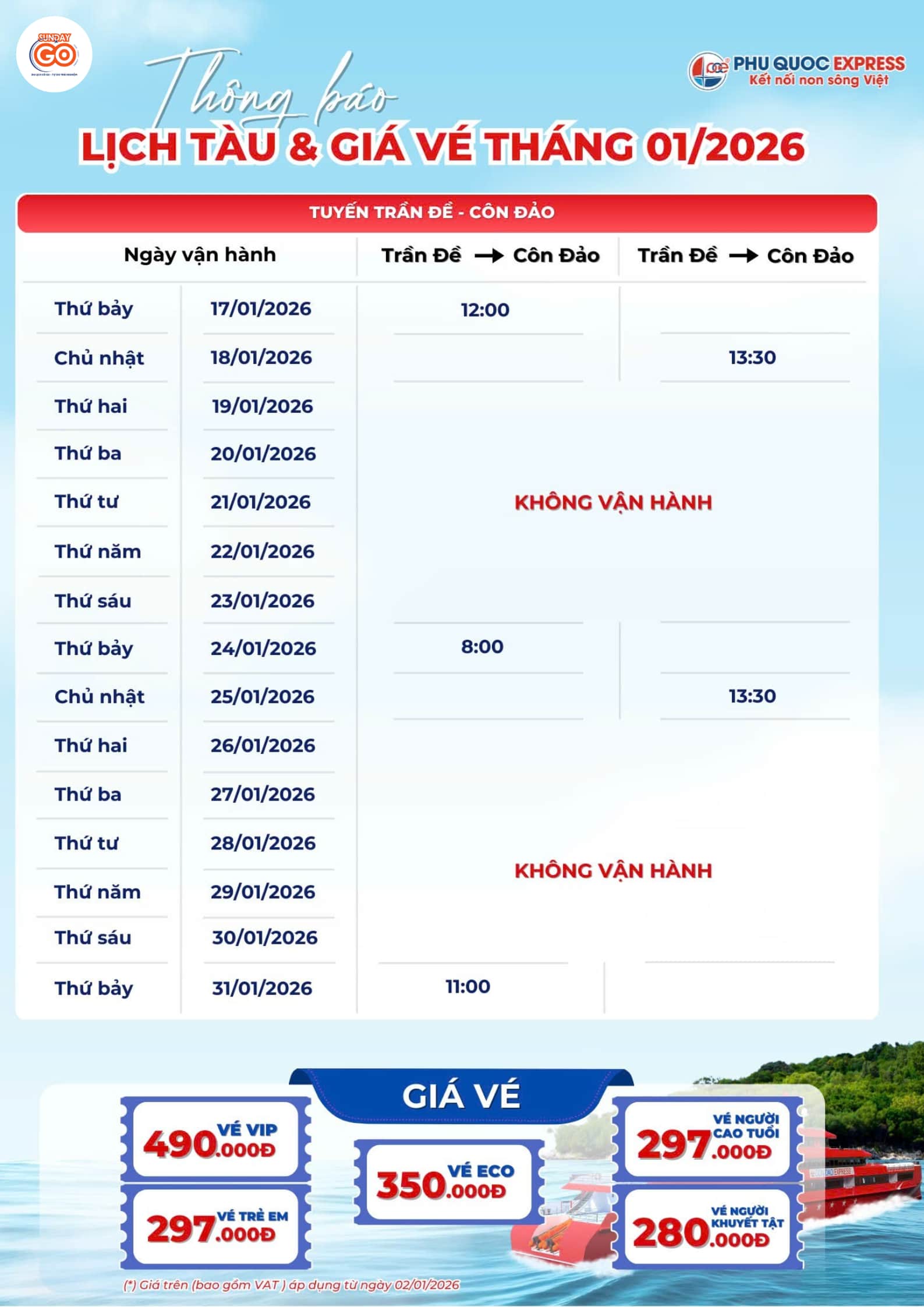 Lịch tàu tuyến Hà Tiên - Phú Quốc tháng 01.2026