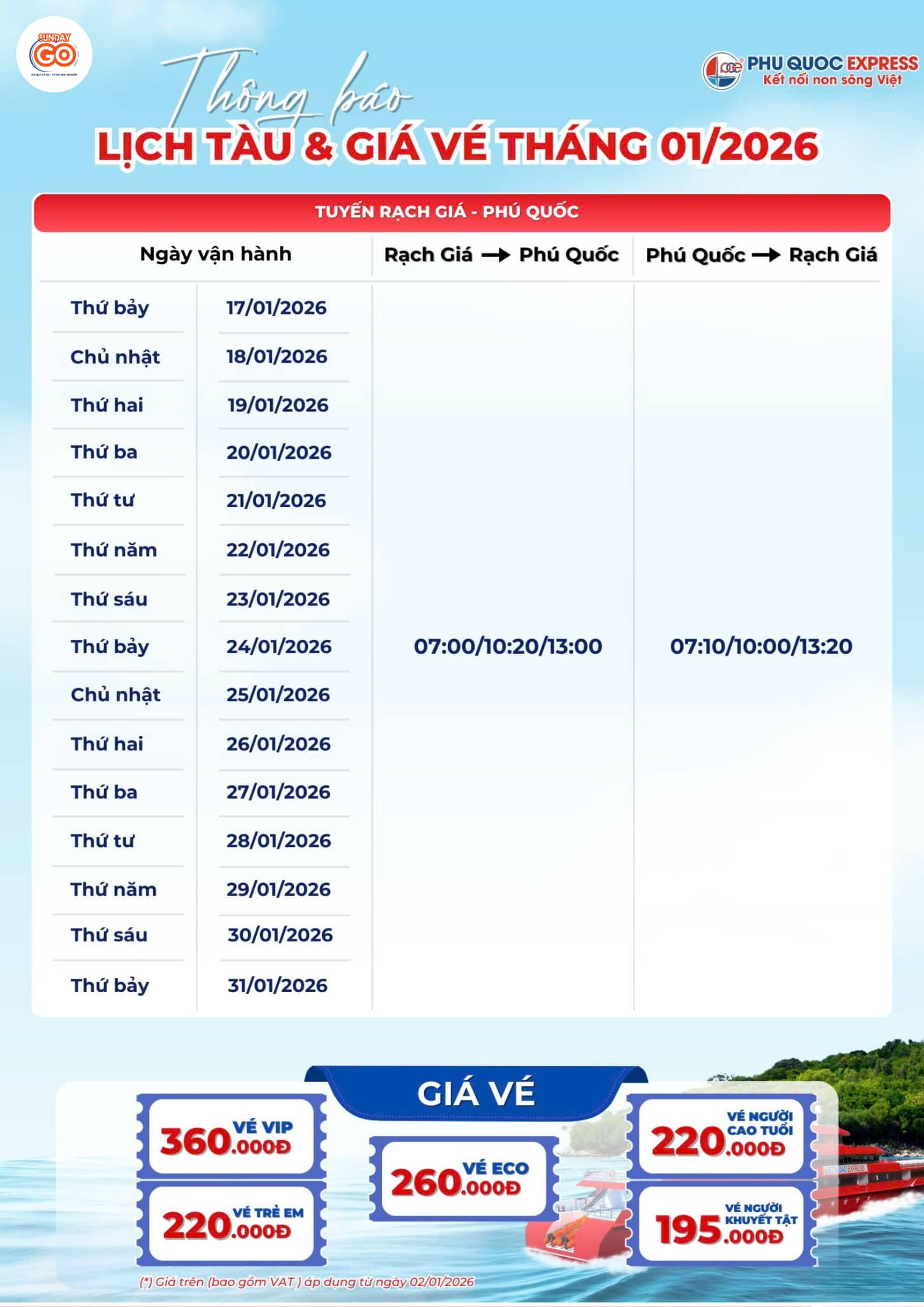 Lịch tàu tuyến Rạch Giá - Phú Quốc hãng Phú Quốc Express tháng 01.2026