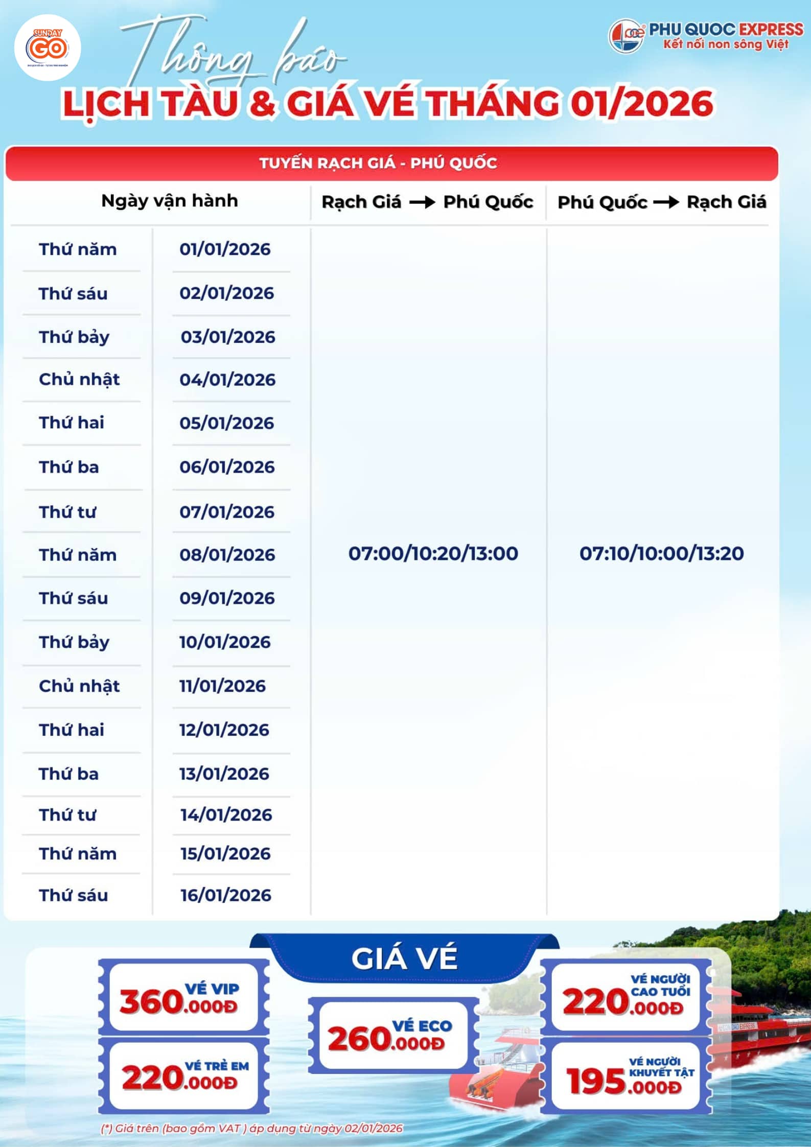 Lịch tàu tuyền Rạch Giá - Phú Quốc tháng 01