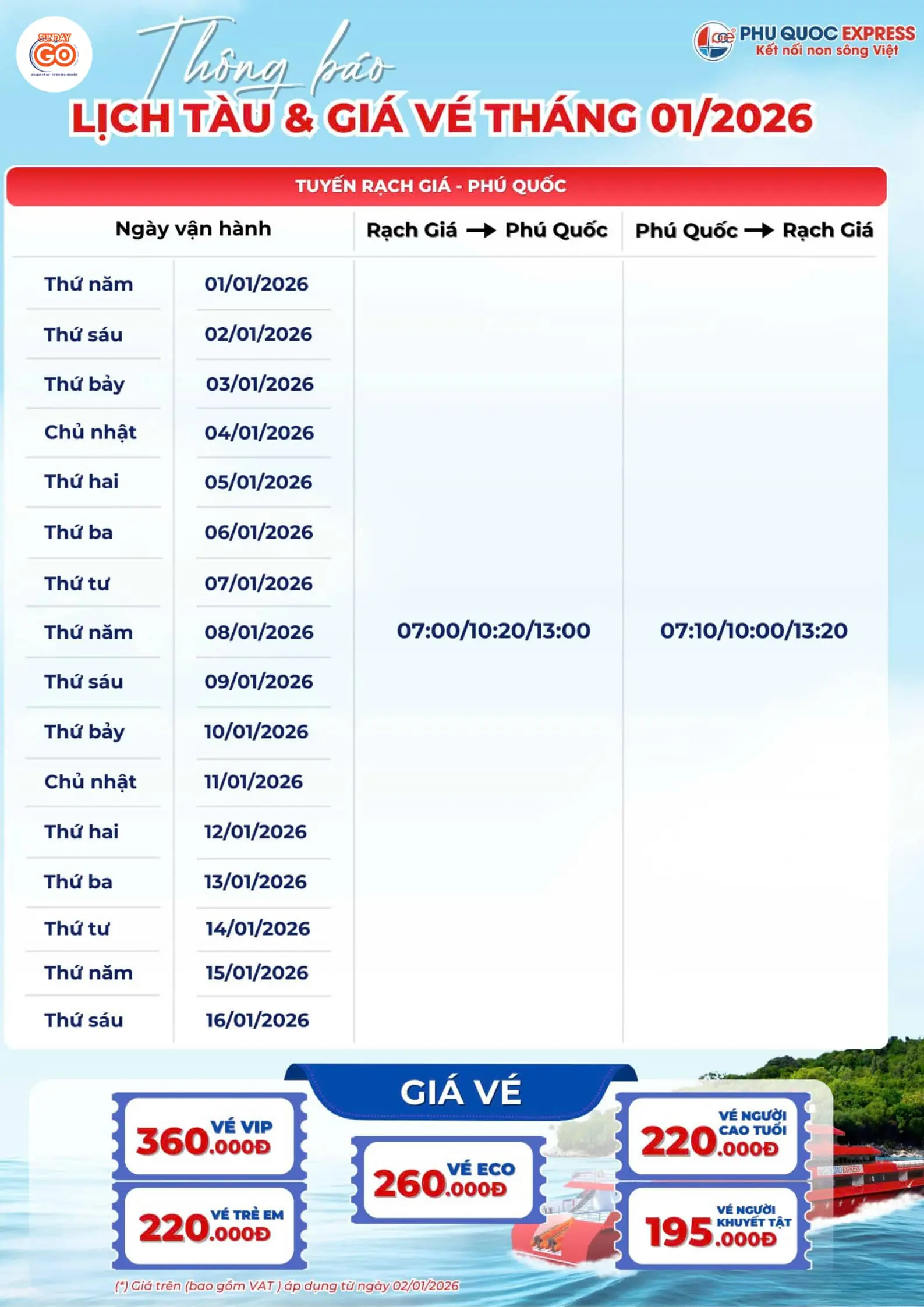 Lịch tàu tuyền Rạch Giá - Phú Quốc tháng 01