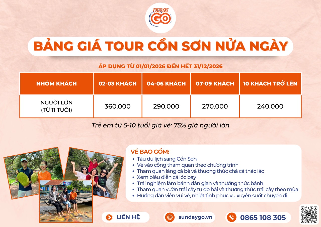 Bảng giá tour Cồn Sơn Cần Thơ trọn gói năm 2026