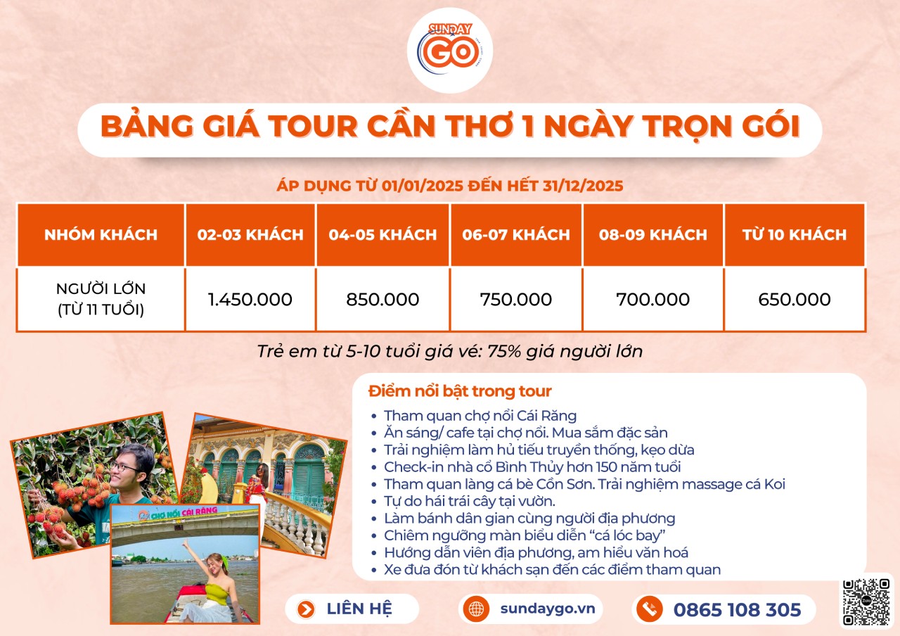 Bảng giá tour Cần Thơ 1 ngày trọn gói cho đoàn riêng mới nhất