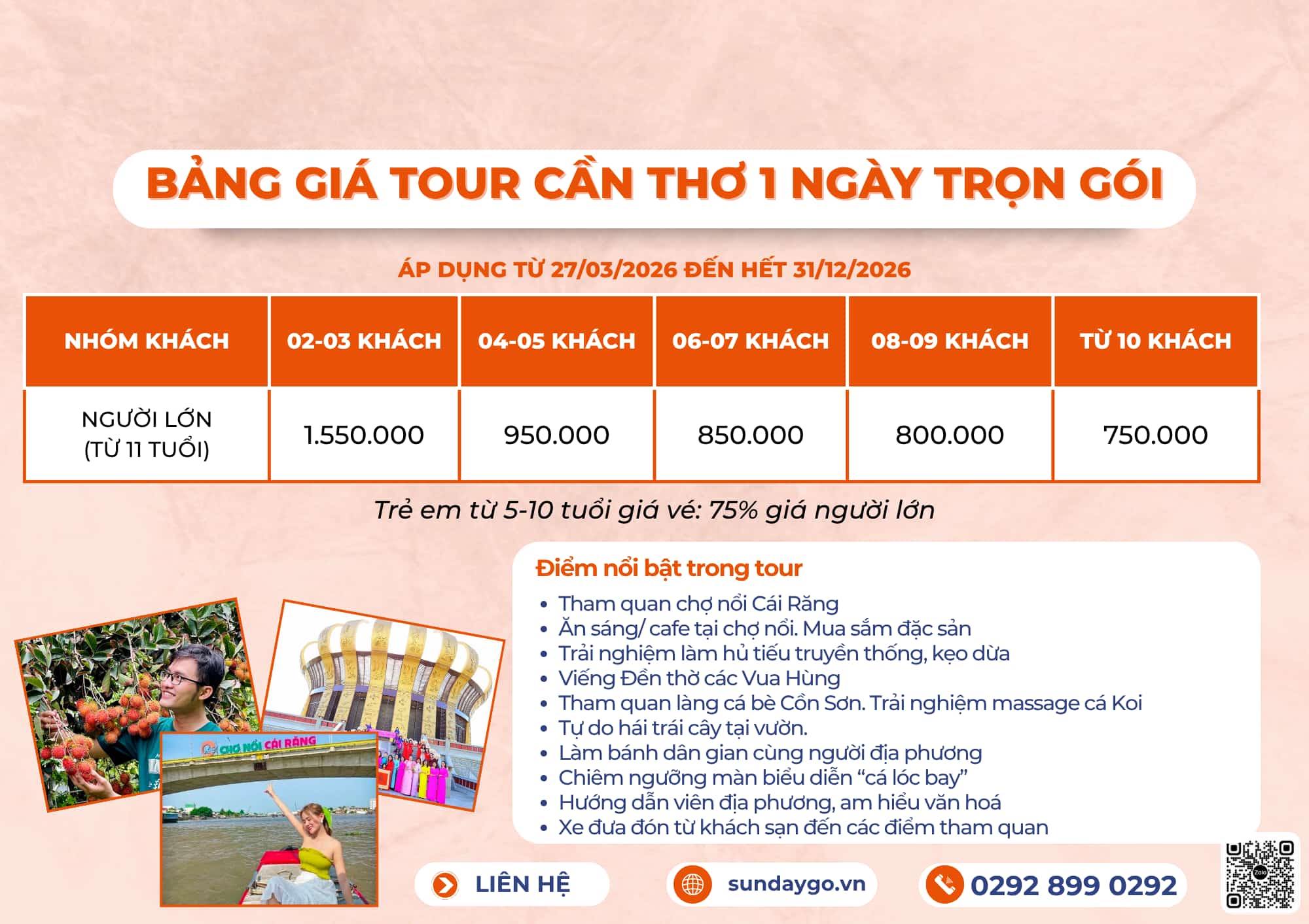 Bảng giá tour Cần Thơ 1 ngày trọn gói 