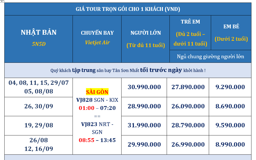 Tour du lịch Nhật Bản 5 ngày 5 đêm từ TP HCM | Cung đường vàng 15 Bảng giá tour du lịch Nhật Bản 5 ngày 5 đêm từ TP HCM