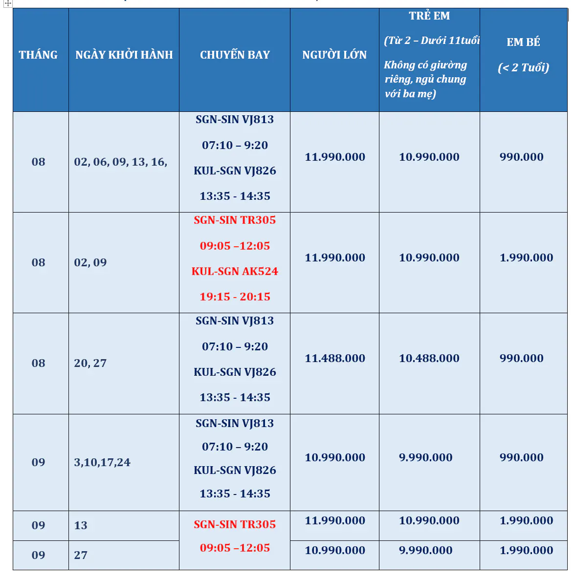 Tour Singapore Malaysia 5 ngày 4 đêm từ TP HCM 20 Bảng giá tour áp dụng cho 1 khách ghép đoàn - Tour Singapore Malaysia 5 ngày 4 đêm