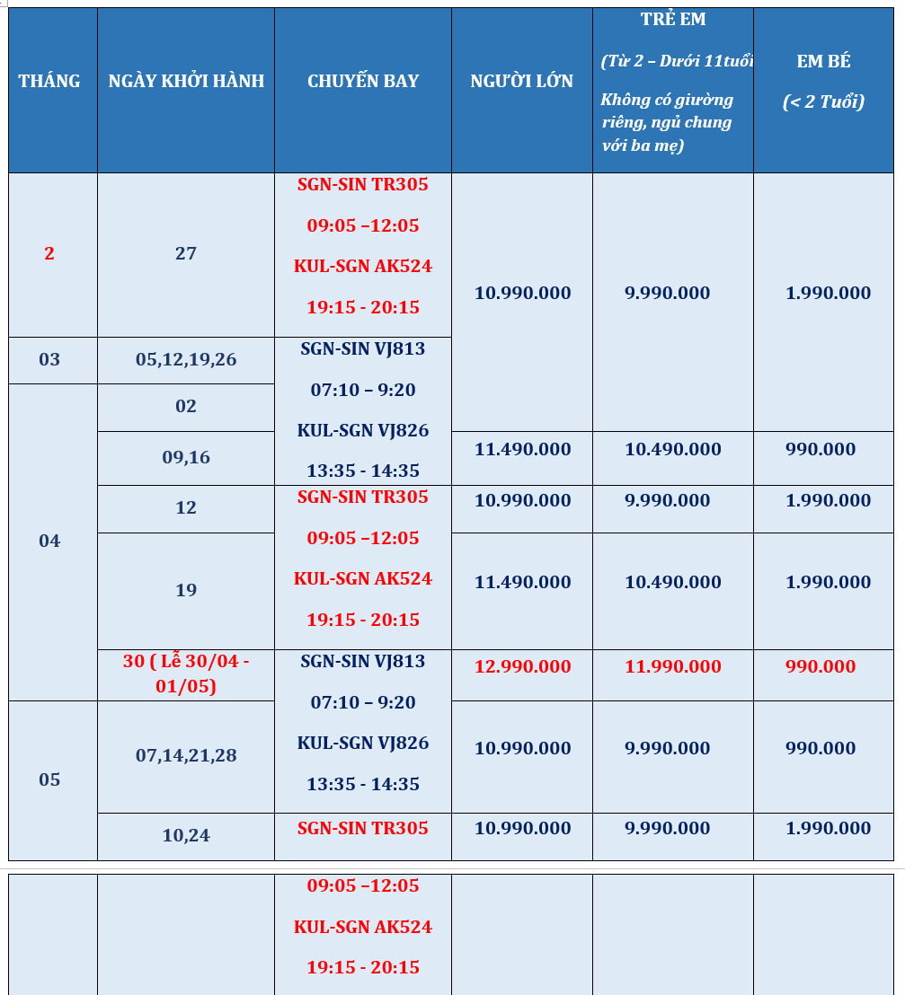 Tour Singapore Malaysia 5 ngày 4 đêm từ TP HCM 20 Tour Singapore Malaysia 5 ngày 4 đêm - Bảng giá