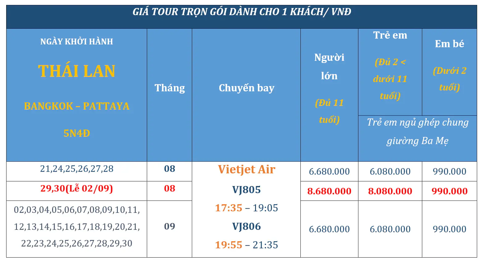 Bảng giá tour Thái Lan 5 ngày 4 đêm từ TP HCM