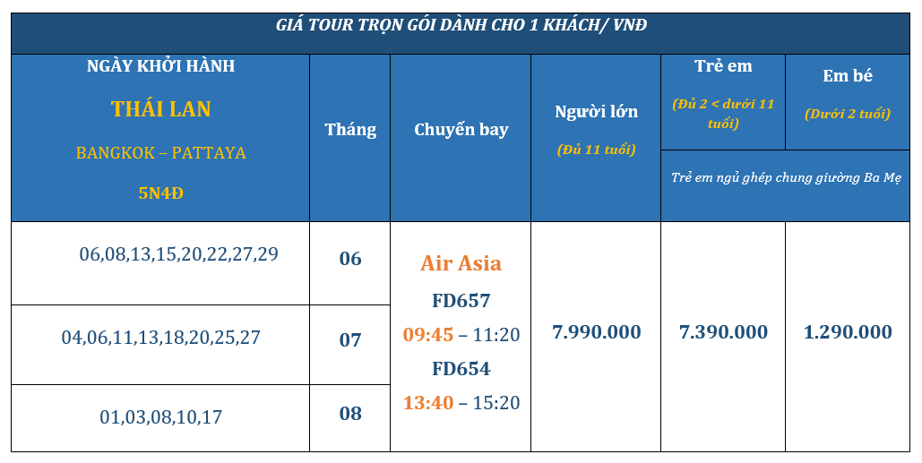 Bảng giá chi tiết tour Thái Lan 5N4Đ từ TP HCM