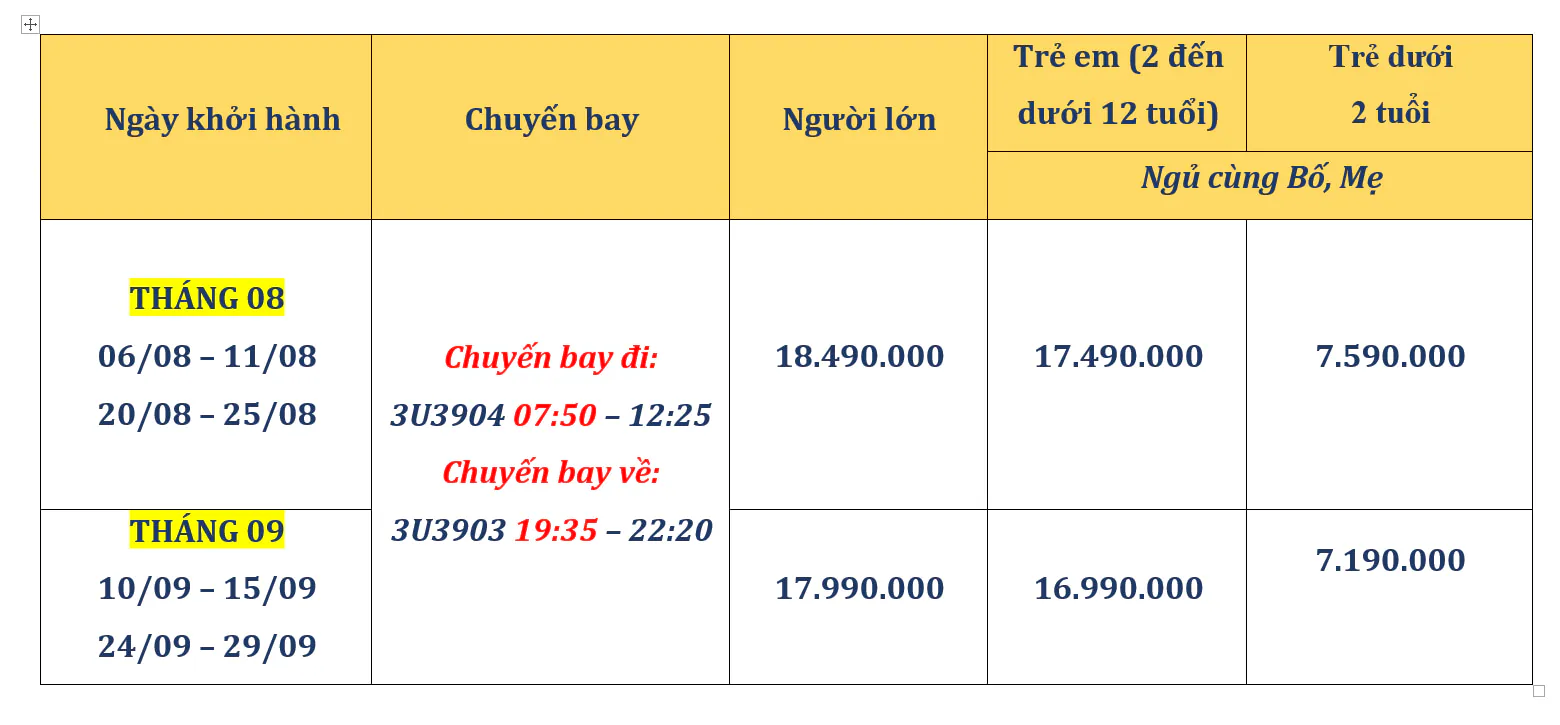 Tour Cửu Trại Câu - Bảng giá 