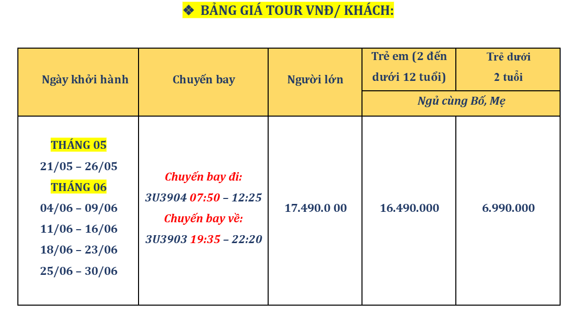 Tour Cửu Trại Câu 6 ngày 5 đêm 25 Tour Cửu Trại Câu - Bảng giá