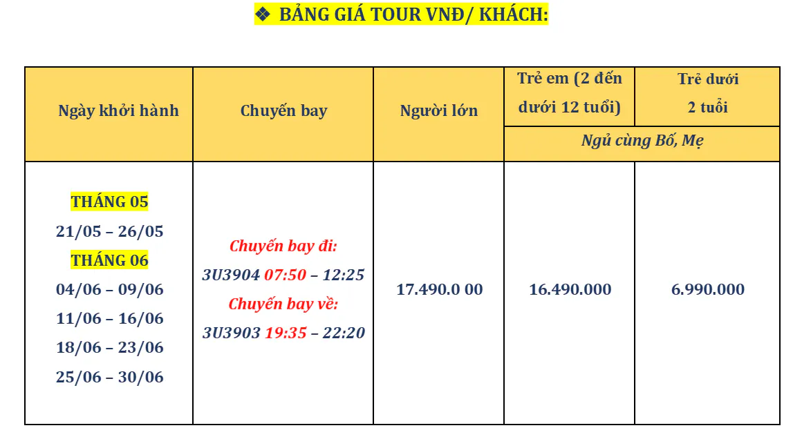 Tour Cửu Trại Câu 6 ngày 5 đêm 25 Tour Cửu Trại Câu - Bảng giá