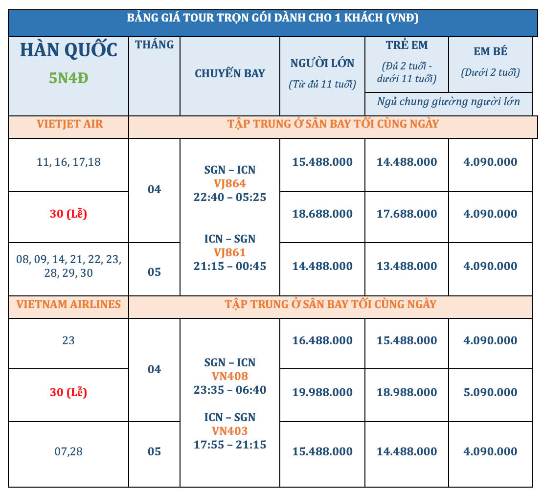 Tour Hàn Quốc 5 ngày 4 đêm 21 Tour Hàn Quốc 5 ngày 4 đêm - Bảng giá