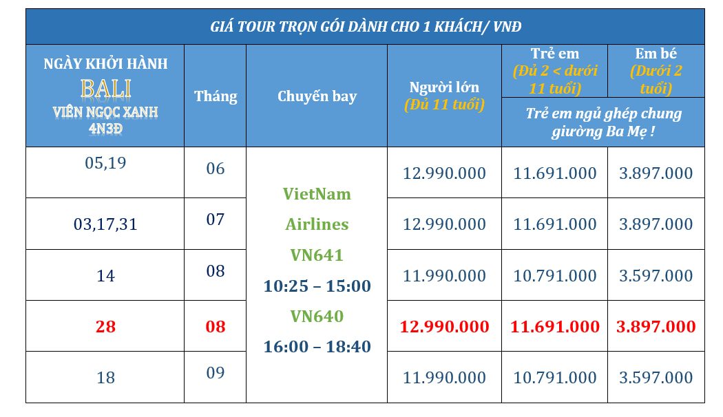 Tour Bali 4 ngày 3 đêm 22 Báng giá tour Bali 4 ngày 3 đêm
