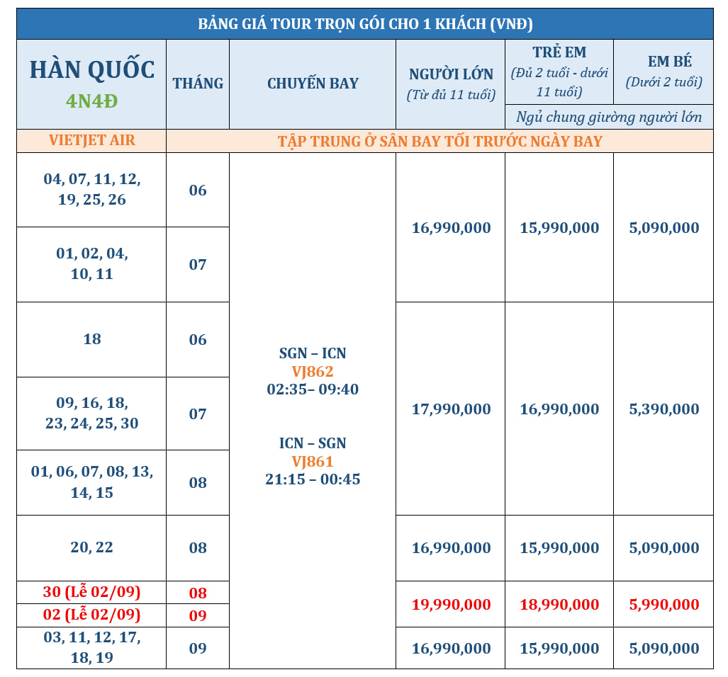 Tour Hàn Quốc 4 ngày 4 đêm 22 Bảng giá tour Hàn Quốc 4 ngày 4 đêm