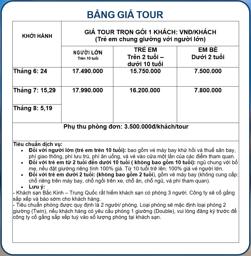 Tour Bắc Kinh 6 ngày 5 đêm - Hồng Lâu Mộng (No shopping) 18 Bẳng giá tour Bắc Kinh