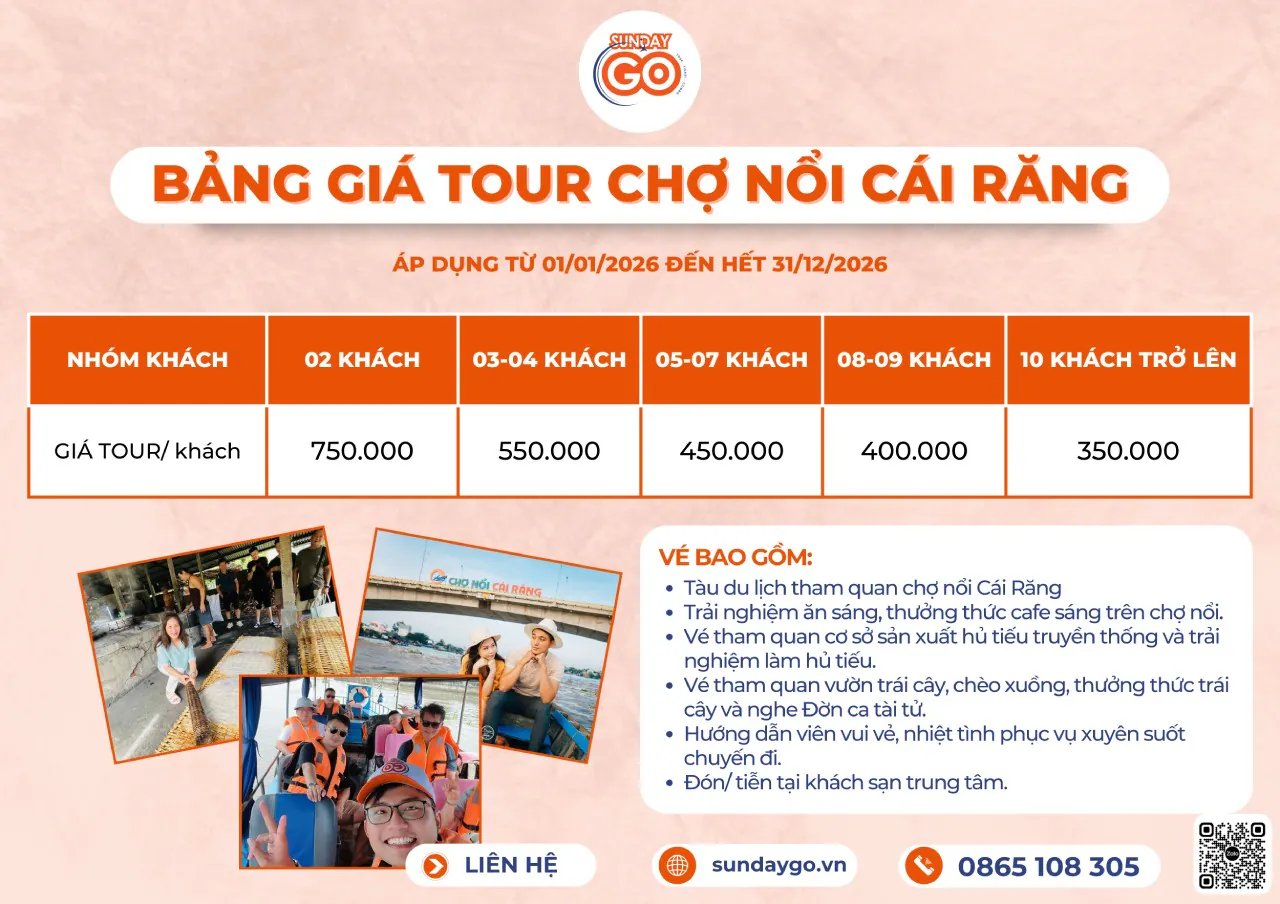 Bảng giá tour chợ nổi Cái Răng Cần Thơ đoàn riêng trọn gói năm 2026