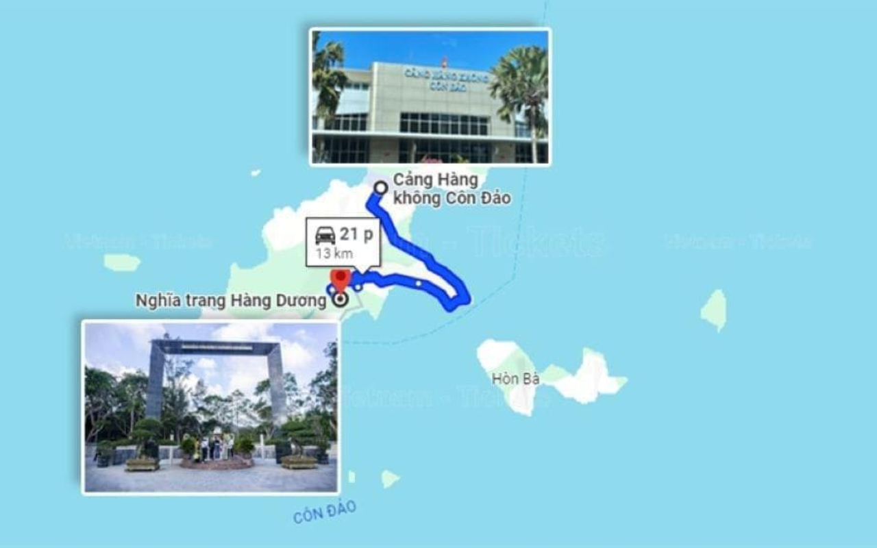 Khoảng cách từ sân bay Côn Đảo đến Nghĩa trang Hàng Dương