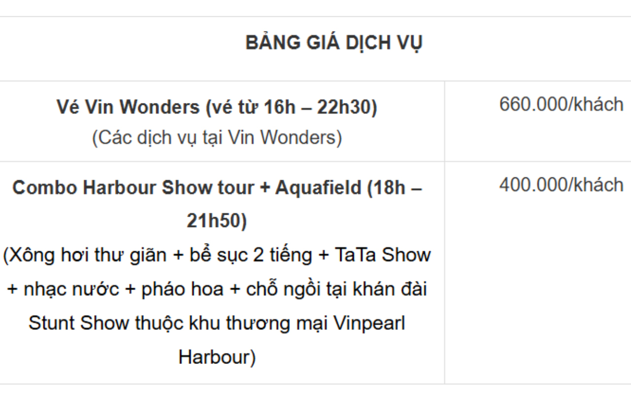 Bảng giá dịch vụ Vipearl Harbour 