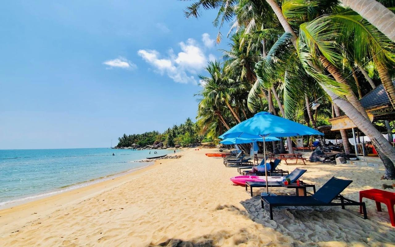 Du lịch Hòn Sơn 2 ngày 1 đêm tự túc - Review từ A-Z 2026 6 Tham quan Bãi Bàng với bãi cát dài và hàng dừa nghiêng bóng