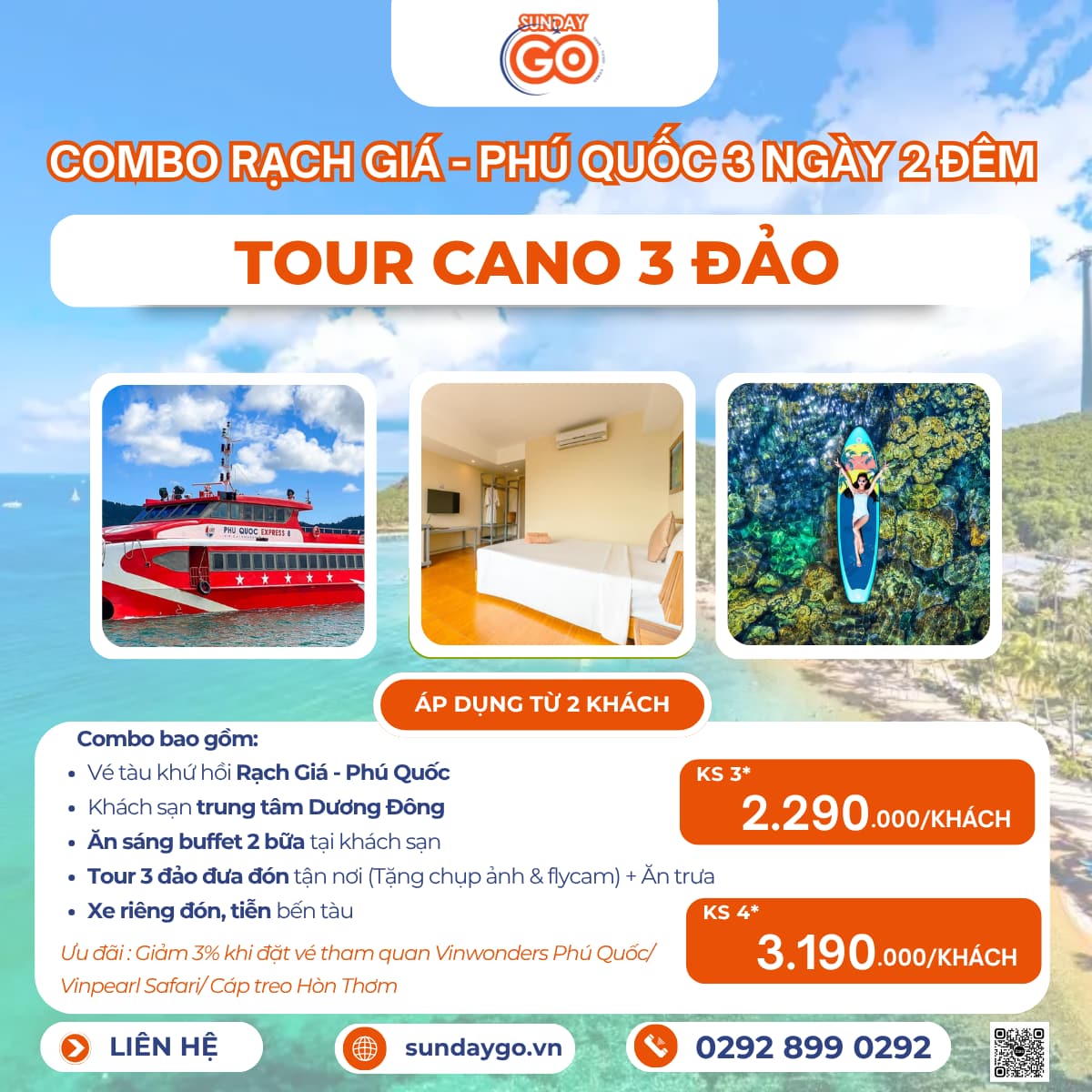 Combo Rạch Giá Phú Quốc 3 ngày 2 đêm - Tour cano 3 đảo