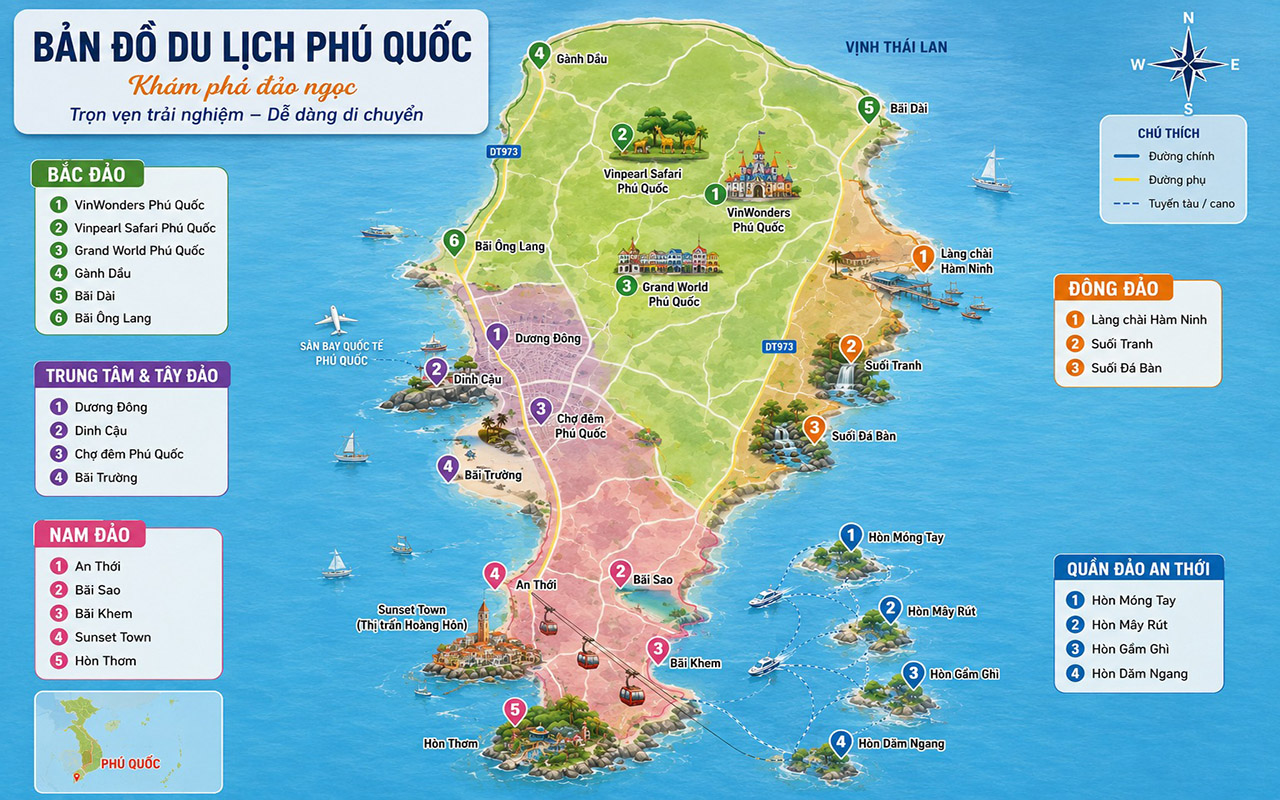 Bản đồ Phú Quốc - Điểm du lịch và gợi ý lịch trình 2026 2 bản đồ du lịch phú quốc trọn bộ