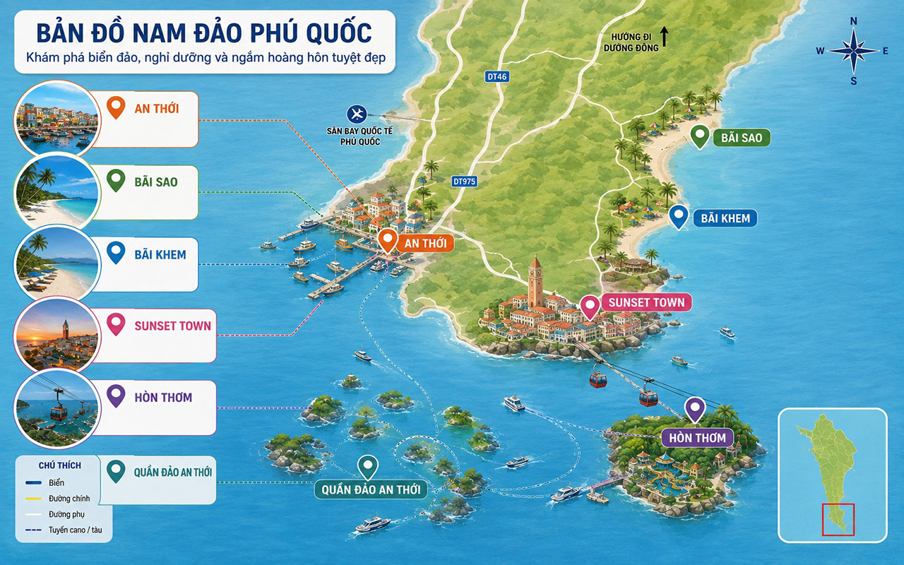 Bản đồ Phú Quốc - Điểm du lịch và gợi ý lịch trình 2026 7 bản đồ phú quốc nam đảo