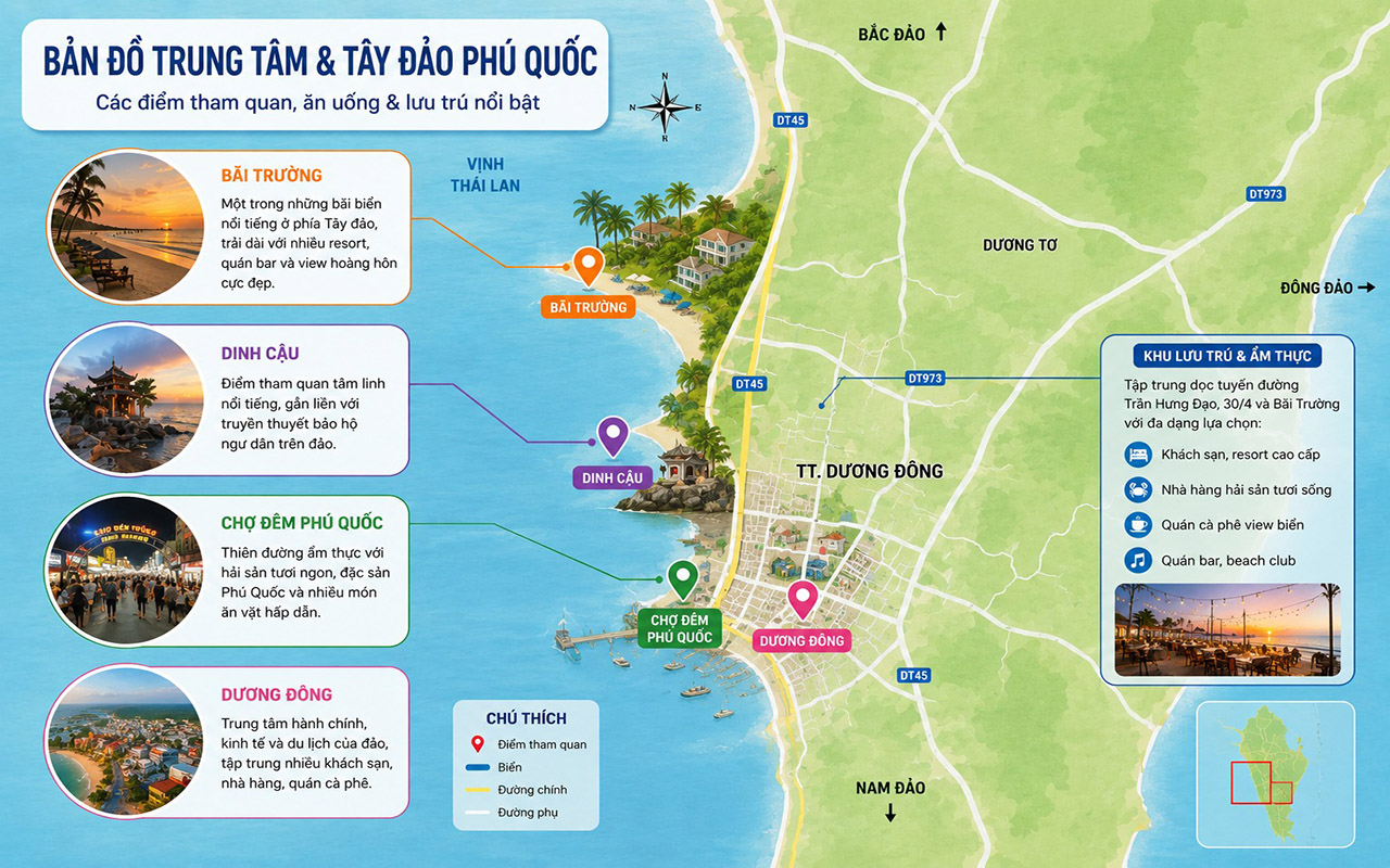 Bản đồ Phú Quốc - Điểm du lịch và gợi ý lịch trình 2026 5 bản đồ phú quốc trung tâm