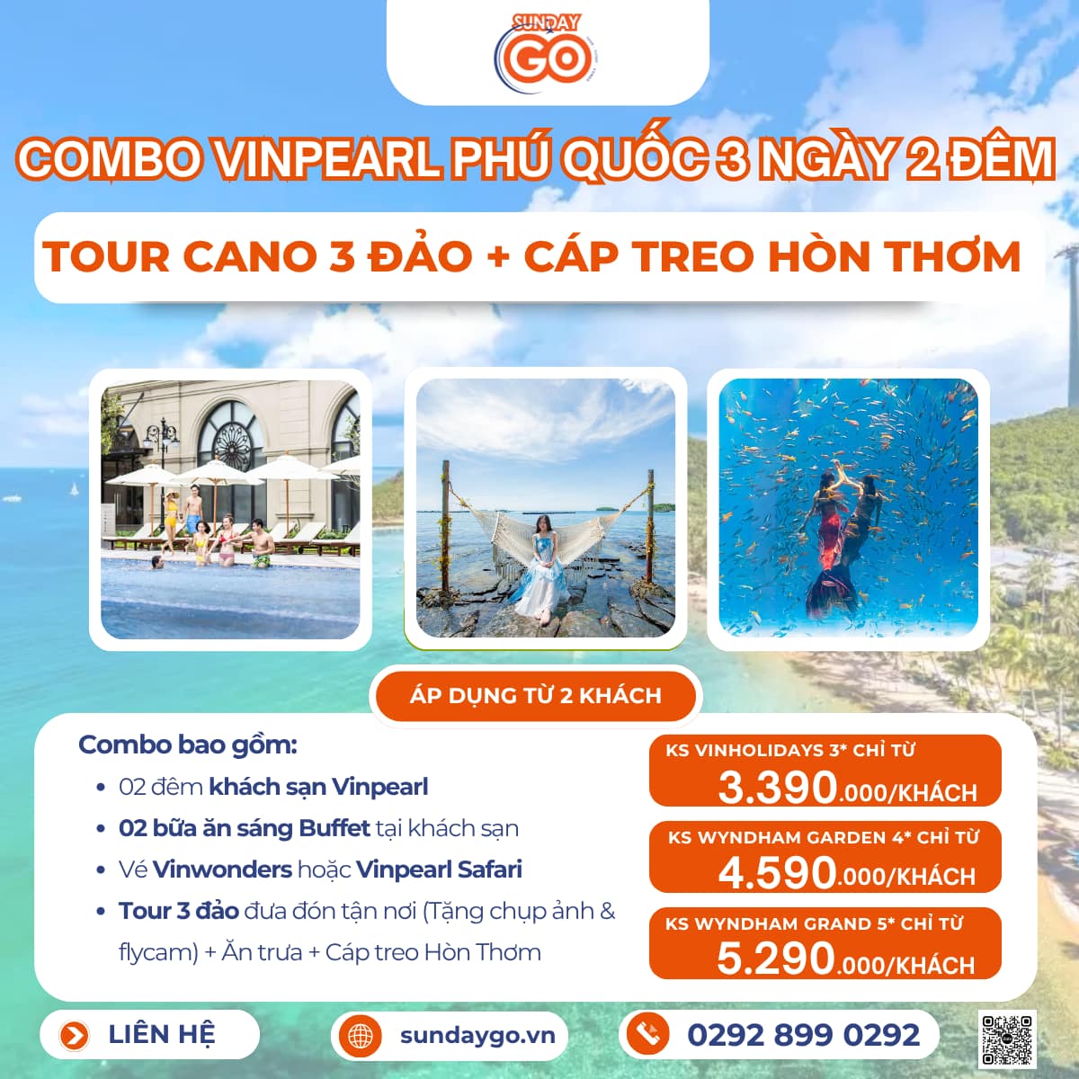 Combo Vinpearl Phú Quốc 3N2Đ | Tour cano 3 đảo | Cáp treo Hòn Thơm 3 Combo Vinpearl Phú Quốc 3N2Đ chỉ từ 3390k