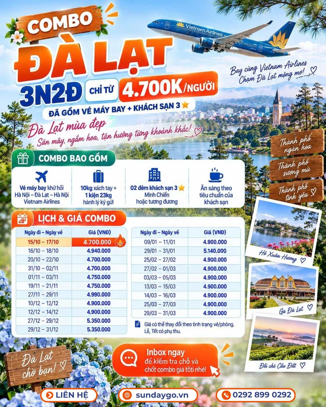 Combo Đà Lạt 3 ngày 2 đêm từ Hà Nội bằng máy bay 11 Combo Đà Lạt 3 ngày 2 đêm từ Hà Nội với giá 4700k
