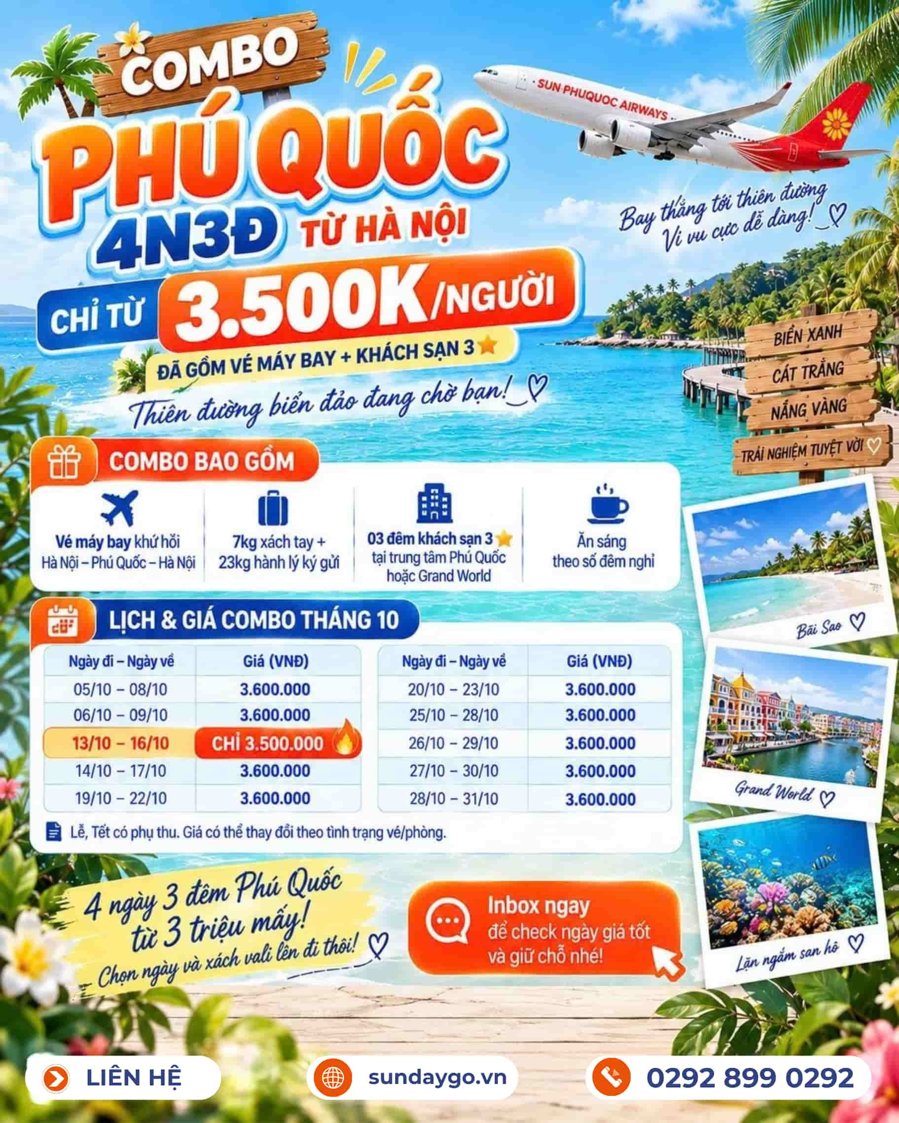 Combo Phú Quốc 4 ngày 3 đêm từ Hà Nội bằng máy bay | Sun PhuQuoc Airways 11 Combo Phú Quốc 4 ngày 3 đêm chỉ từ 3500k